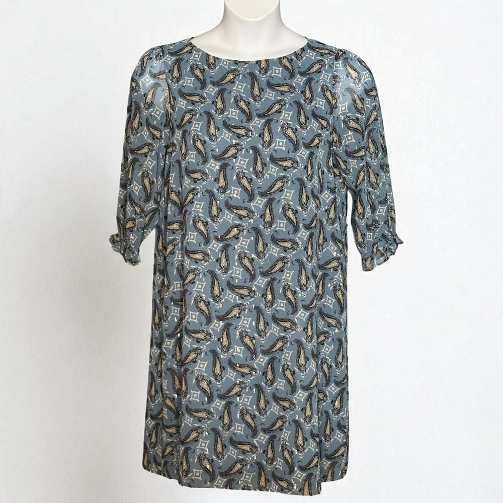 Marella Iser Paisley Print Belted Dress Sz 6 Blue Metallic Boat Neck Half Sleeve - Picture 2 of 8